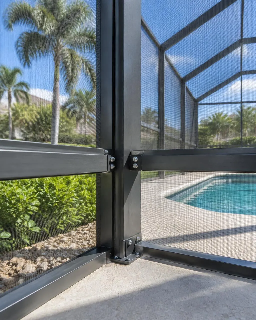 Close-up of pool cage frame rails, brackets, and screen panels